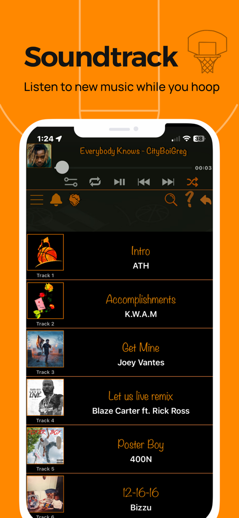 ATH - Pickup Basketball App - ATH basketball app soundtrack screen featuring a curated list of songs and a music player interface