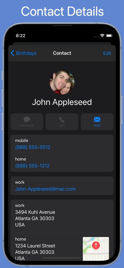 Contact details view in BirthdaysPro HD app showing personal information and address