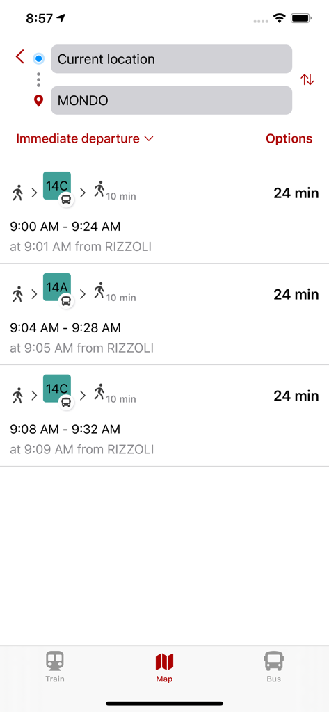 ボローニャのリアルタイムのバスルートと所要時間を表示するWeBusアプリの画面