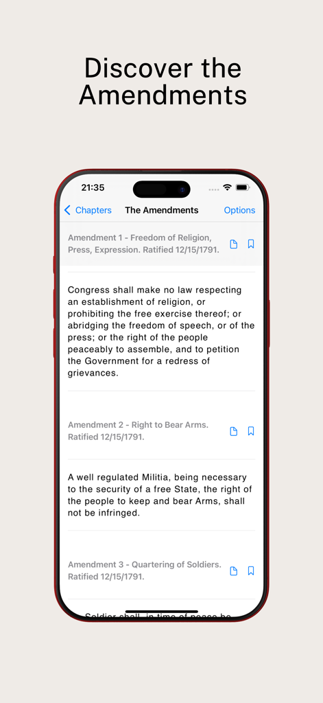 Mobile app screen showing the first three amendments of the United States Constitution including freedom of speech and the right to bear arms.