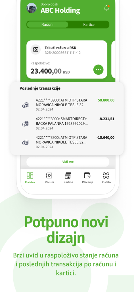 OTP biznis m-bank - Dashboard of OTP biznis m-bank app showing business account balance and latest transactions