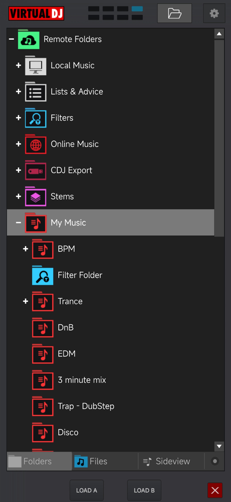 VirtualDJ Remote - VirtualDJ Remote music library interface showing folders for genres like EDM Trance and DubStep