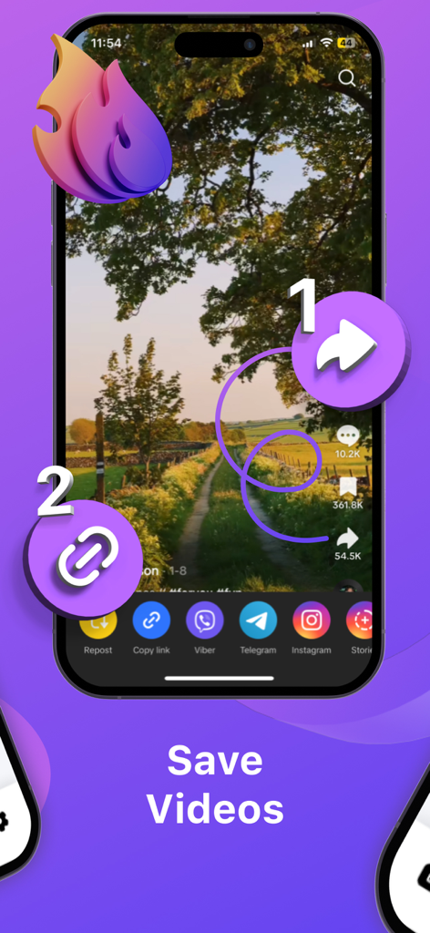 A mobile screen showing a two-step process to save videos by tapping the share icon and then the copy link button.