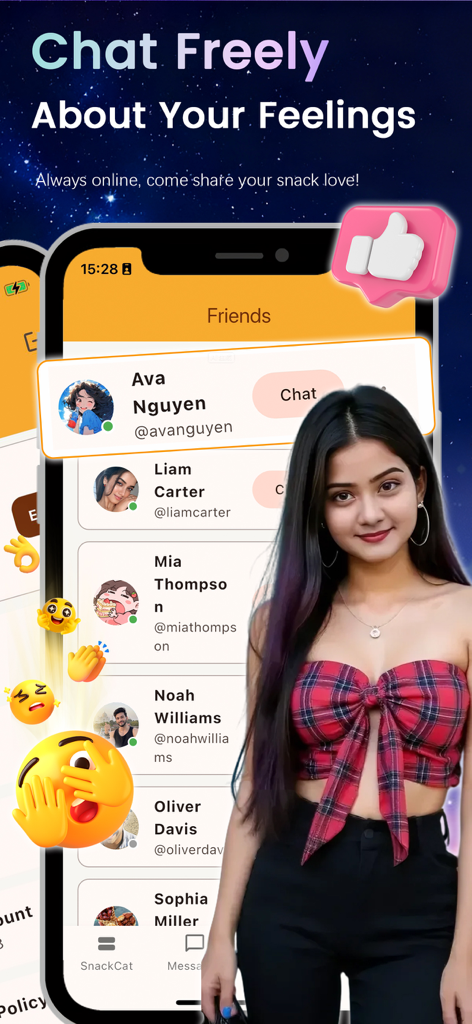 SnackCat - Friends and Share - SnackCat app interface showing a list of friends and a chat feature for food enthusiasts.