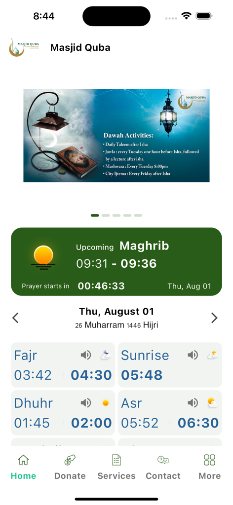 Masjid Quba - Edmonton - Pantalla de inicio de la aplicación Masjid Quba Edmonton que muestra los horarios de oración diarios y las actividades de dawah comunitarias.