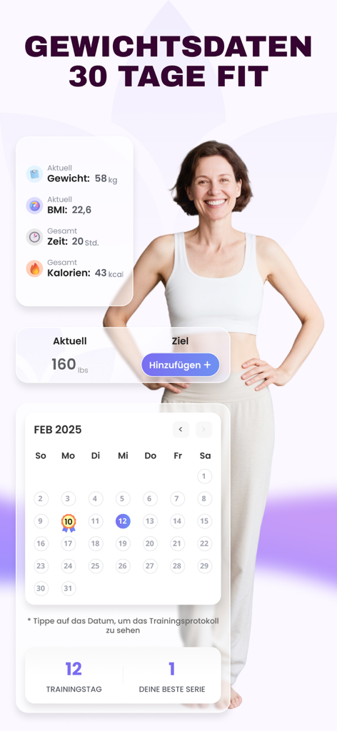 Fit 50+ : Workout & Stuhl Yoga - Painel do aplicativo de fitness mostrando peso, IMC e progresso de treino para usuários com mais de 50 anos