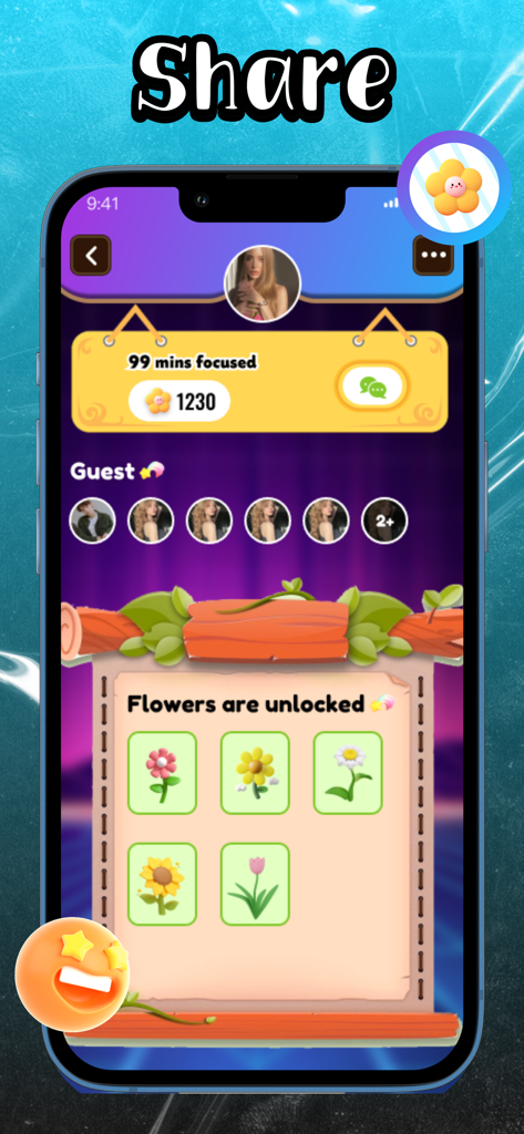 Focra: Chat, Connect People - Focra 앱 인터페이스는 집중 세션 통계와 잠금 해제된 가상 꽃을 보여줍니다.