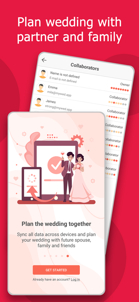 A mobile app screen showing wedding planning collaboration and data syncing between partners and family.