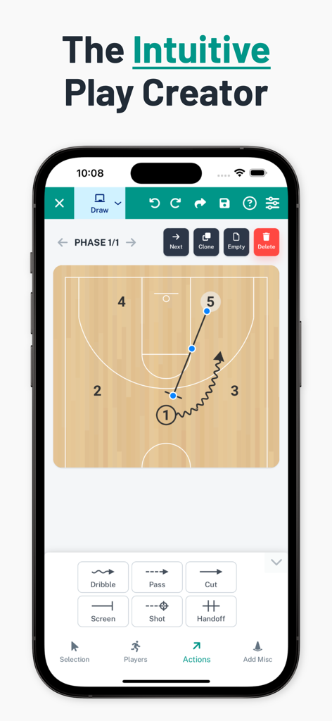 The Hoops Geek | Play Designer - The Hoops Geek mobile app interface showing a basketball play being designed with intuitive drag and drop action tools