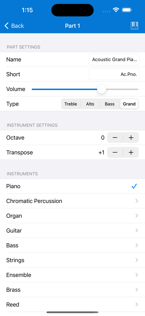 Composer Pro - Score Creator - Interface for configuring instrument parts and settings in Composer Pro Score Creator.