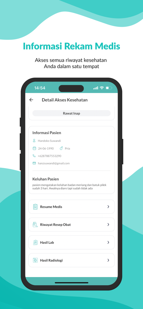 EMCare app screen showing patient medical records health history and lab results access