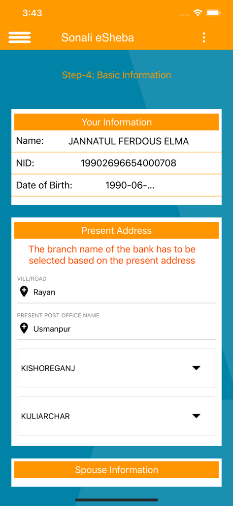 Bildschirm der Sonali eSheba Mobile App zur Eingabe grundlegender Informationen und der aktuellen Adressdaten.