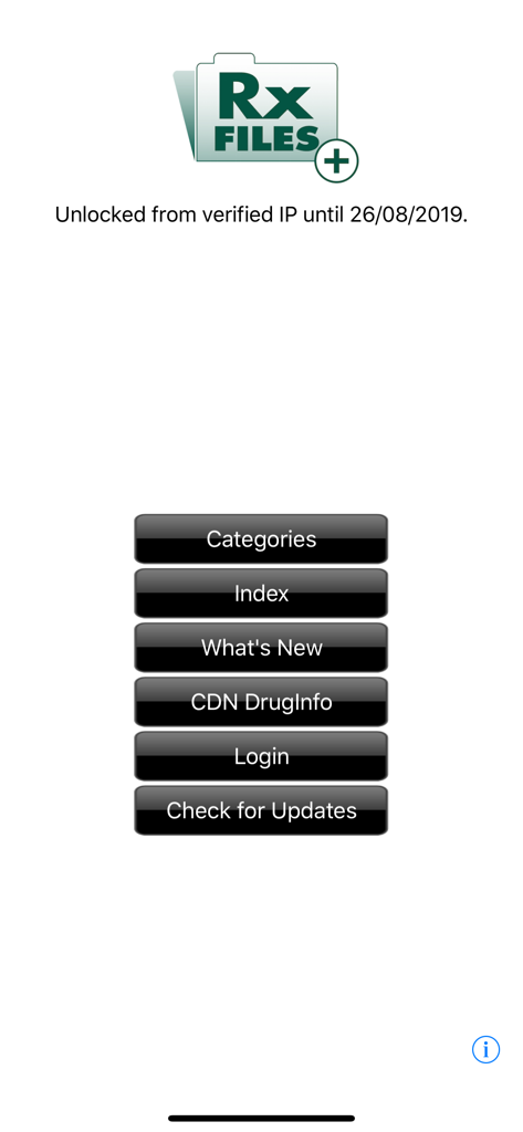 Main menu screen of the RxFiles plus medical drug comparison app