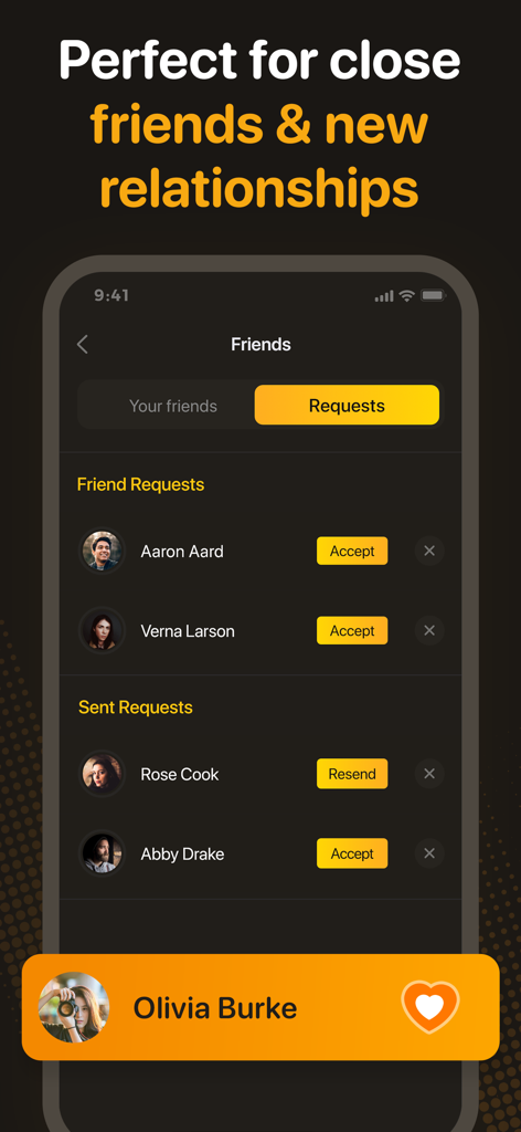 Interface for managing incoming and outgoing friend requests in the Live Pic Widget app.