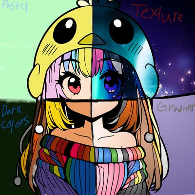 anime girl with chick shaped hat with sweater with bare shoulders with bangs covering them one eye with low tail