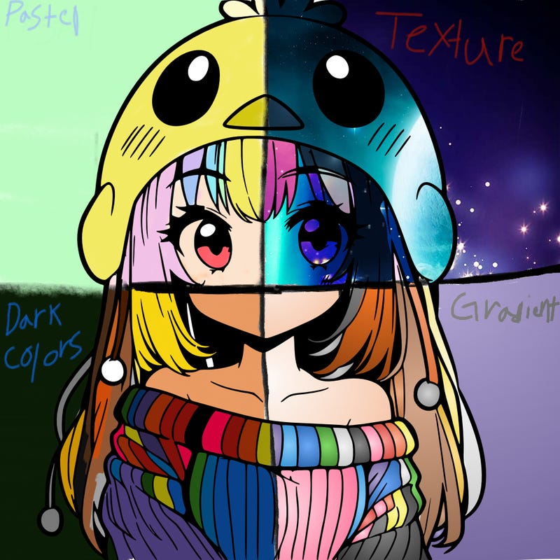 anime girl with chick shaped hat with sweater with bare shoulders with bangs covering them one eye with low tail