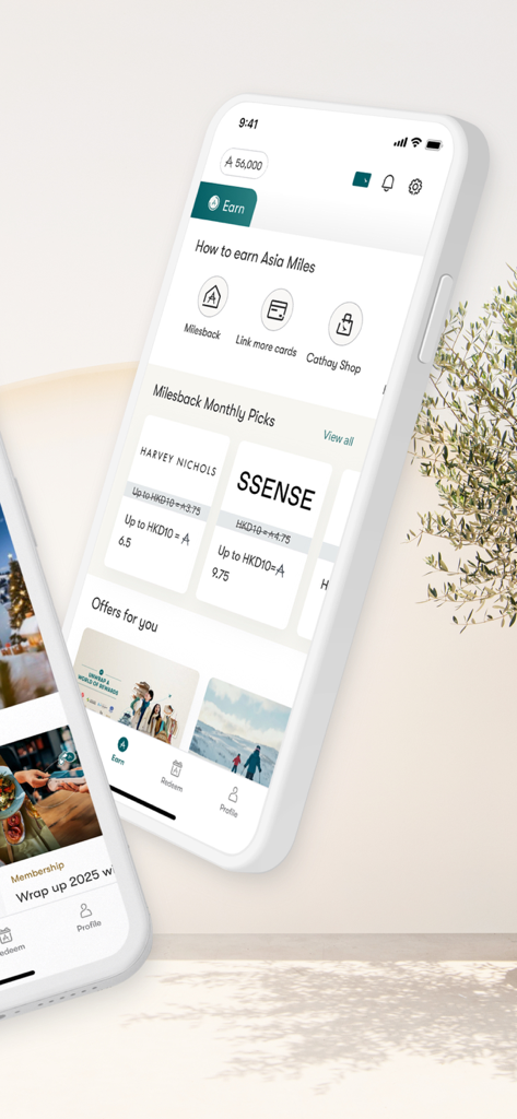 Asia Miles - A smartphone screen displaying the Asia Miles app earn page with loyalty rewards from lifestyle partners like Harvey Nichols and SSENSE.