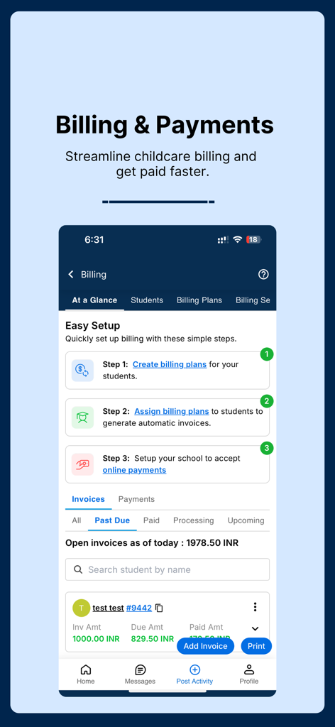 My Kid Reports Childcare App - Childcare billing and payments dashboard showing invoice management and setup steps