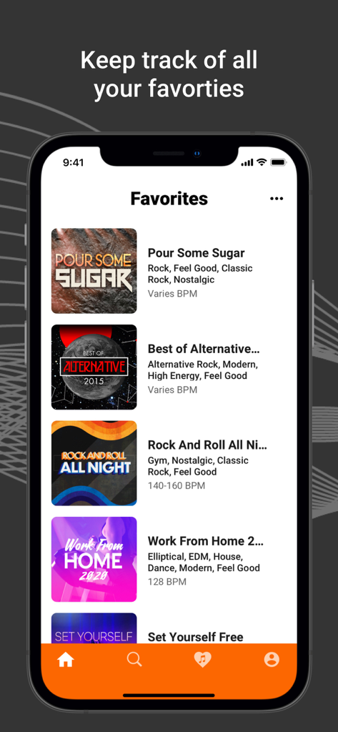 RockMyRun - Workout Music - Smartphone screen displaying curated favorites in the RockMyRun workout music app