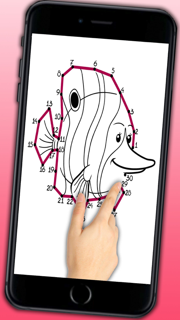 Educational Coloring book - Connect the dots then paint the drawings with magic marker - Un niño conectando puntos numerados para completar el dibujo de un pez en la pantalla de un smartphone