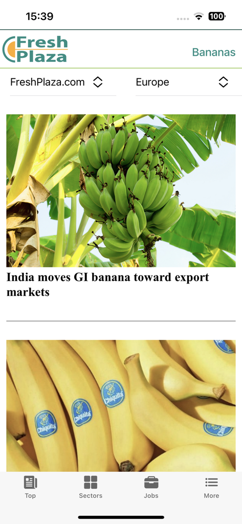 FreshPublishers.com - App mobile FreshPublishers che visualizza articoli di notizie di FreshPlaza sulle esportazioni globali di banane e le tendenze di mercato