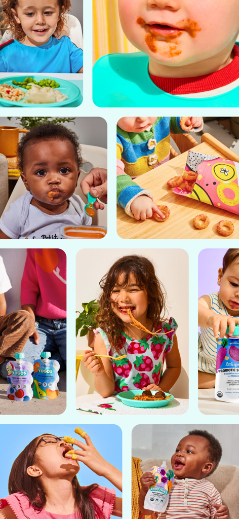Little Spoon - A collage of babies and children enjoying healthy Little Spoon meals snacks and food pouches