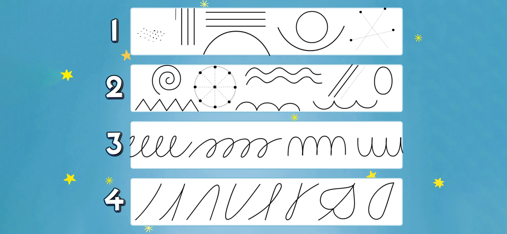 Graphomotor Skills - Vier Stufen von Schreibübungen, die den Fortschritt von einfachen Formen zu komplexen Schleifen für Kinder zeigen