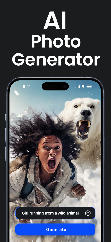 AI photo generator interface showing a generated image of a girl running from a polar bear