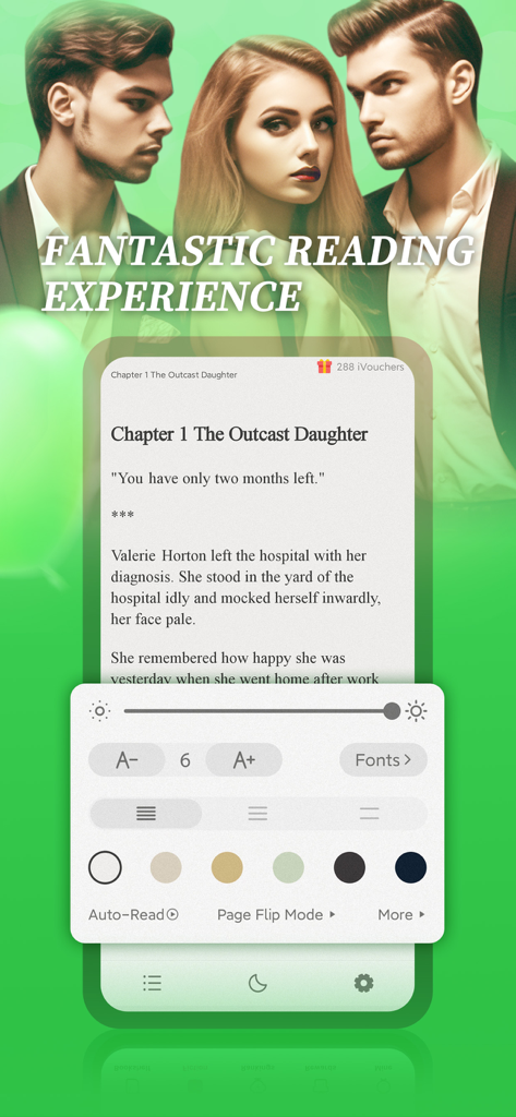 FavorNovel - Story Web Novels - FavorNovel app interface with reading settings and romance novel content