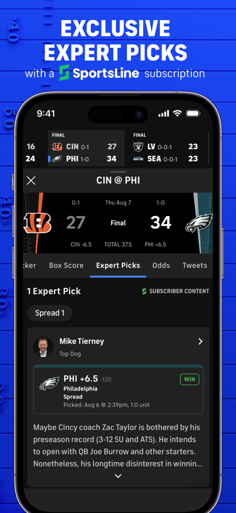 CBS Sports App interface showing NFL game scores and expert betting picks from SportsLine.