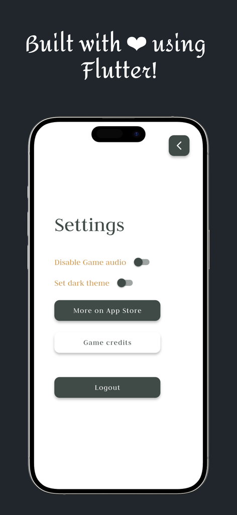Tic Tac Toe - Online & 2Player - Settings screen of the Tic Tac Toe mobile app showing options for audio and dark theme with a Built with Flutter message.
