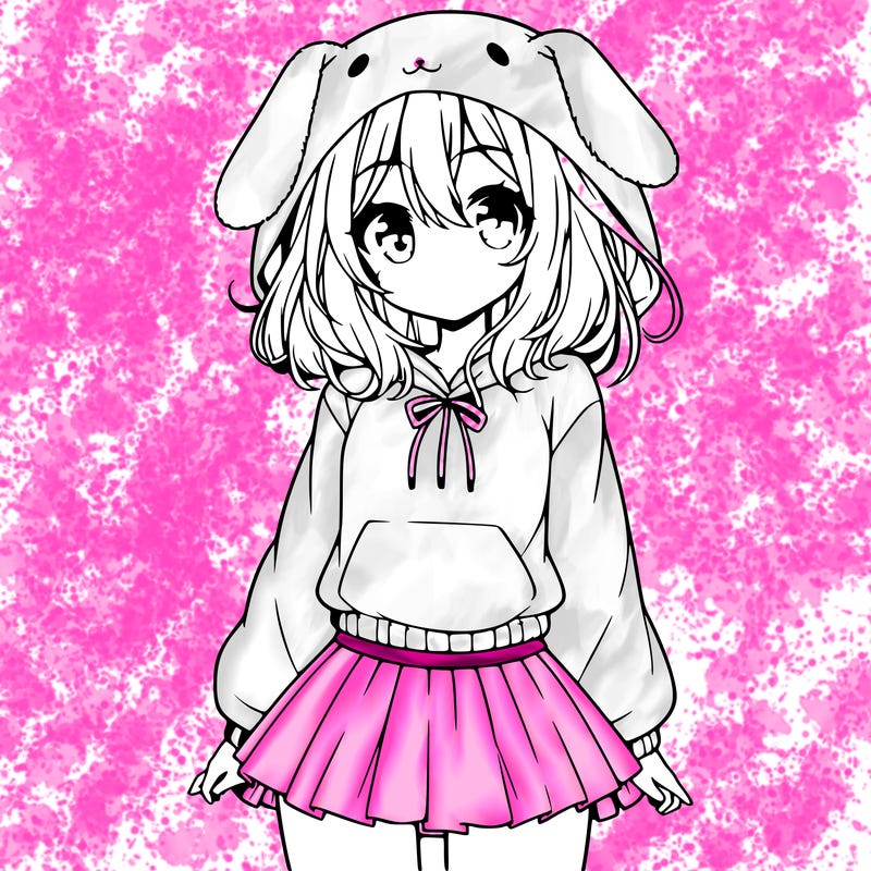 pretty anime girl wearing a fluffy hoodie with bunny ears on the hood and a skirt