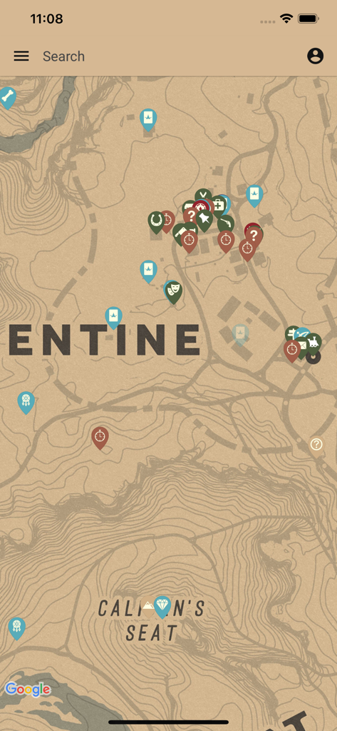 RDR2 unofficial map app displaying location markers and collectibles near Valentine.