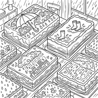 Step into a world of sweet and serene creativity with our charming Rainy Day Sheet Cakes coloring page. Each rectangular cake is a canvas waiting for your artistic touch, adorned with whimsical weather-themed decorations.