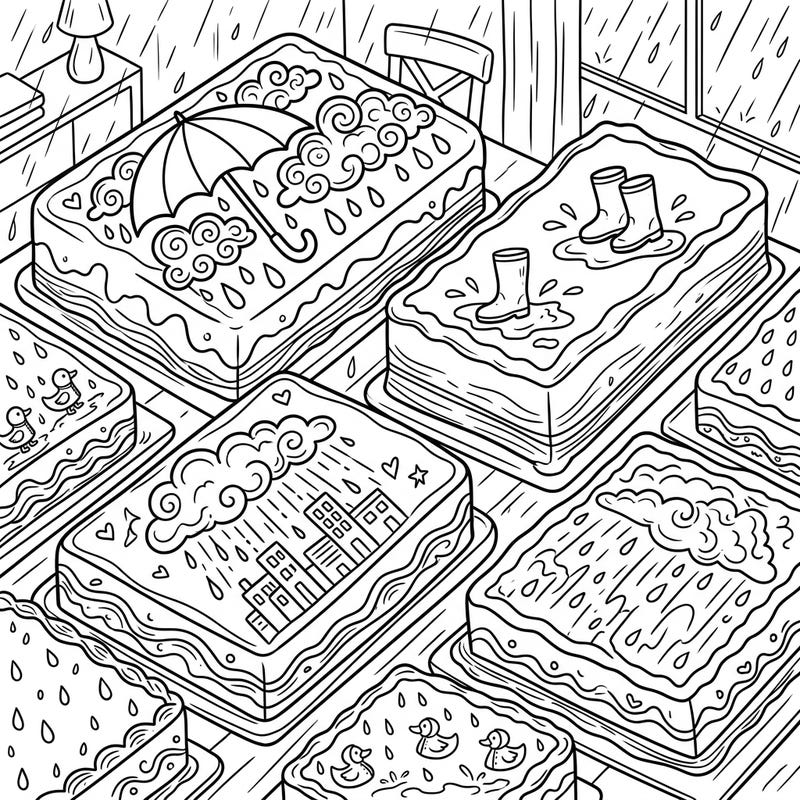 Step into a world of sweet and serene creativity with our charming Rainy Day Sheet Cakes coloring page. Each rectangular cake is a canvas waiting for your artistic touch, adorned with whimsical weather-themed decorations.