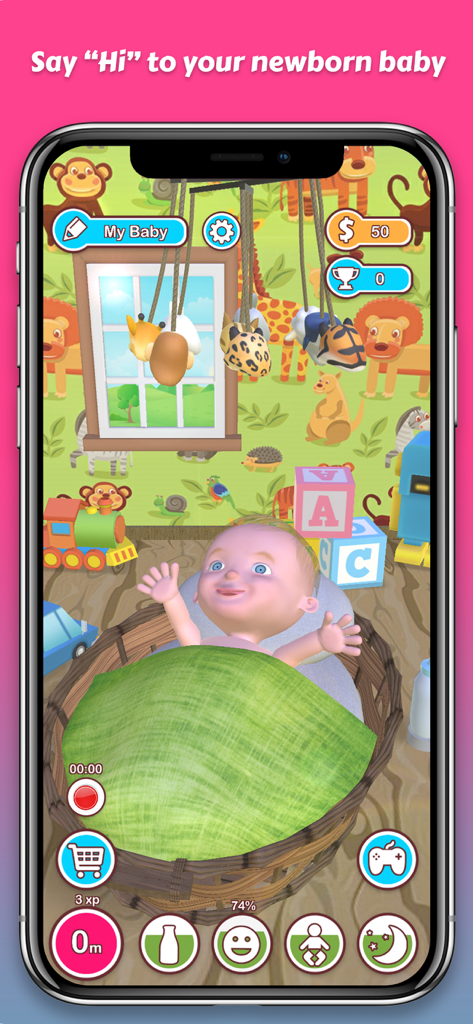 My Growing Baby (Virtual Baby) - Un bebé virtual recién nacido acostado en una cesta dentro de la interfaz de la aplicación Mi Bebé en Crecimiento.
