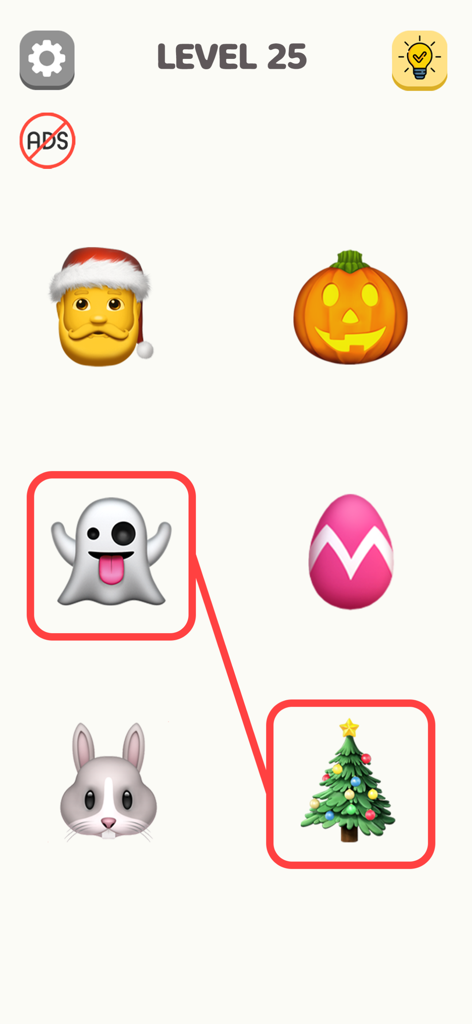 Emoji Puzzle - Fun Emoji Game - Gameplay screenshot of Emoji Puzzle showing a level where players connect holiday themed emojis like a ghost and a christmas tree.