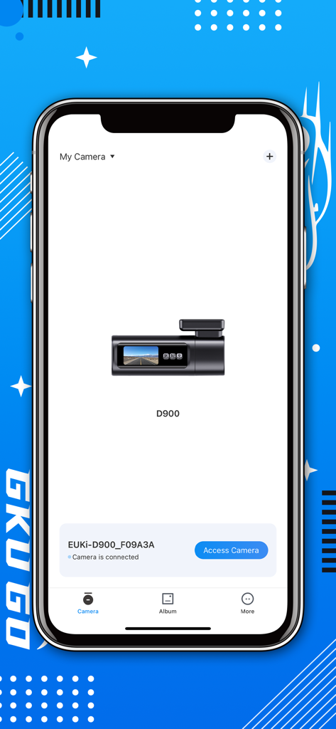 GKU GO app interface showing a connected D900 dash cam with access camera button