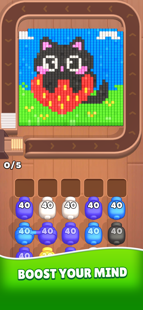 Gameplay of Color Blaze Shooter featuring a black cat pixel art grid and colorful cannon characters