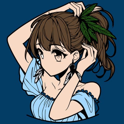 anime girl tucking her hair behind her ear with feathered earrings