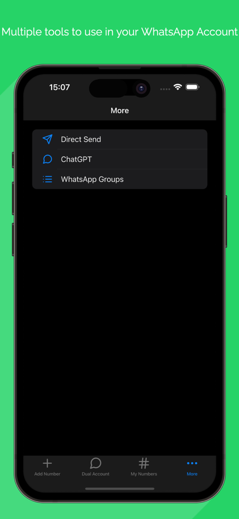 Dual WA: Duo Web Messenger - Interfaz de la aplicación Dual WA que muestra herramientas de mensajería adicionales, incluida la función de envío directo y la integración con ChatGPT en un iPhone.