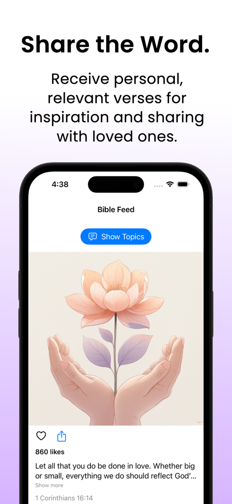 Genesis: Bible Chat - Interface de feed bíblico no aplicativo Gênesis com um versículo inspirador e arte floral compartilhável.