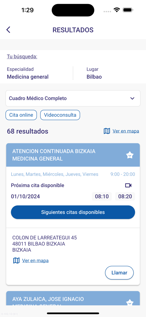 Mobile screen showing search results for general medicine doctors in Bilbao with available appointment times in the IMQ app