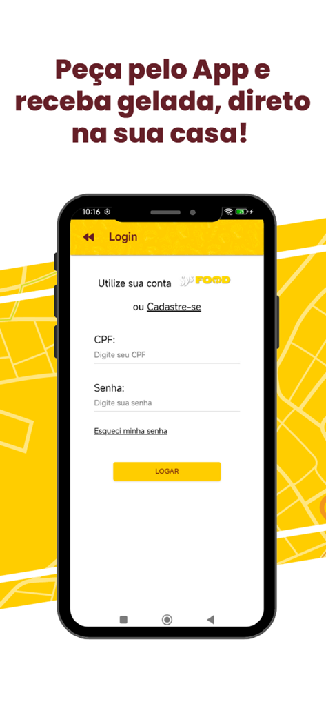 Pantalla de inicio de sesión de la aplicación móvil Ze da Cerveja Delivery mostrando el formulario de inicio de sesión para la entrega de cerveza artesanal.