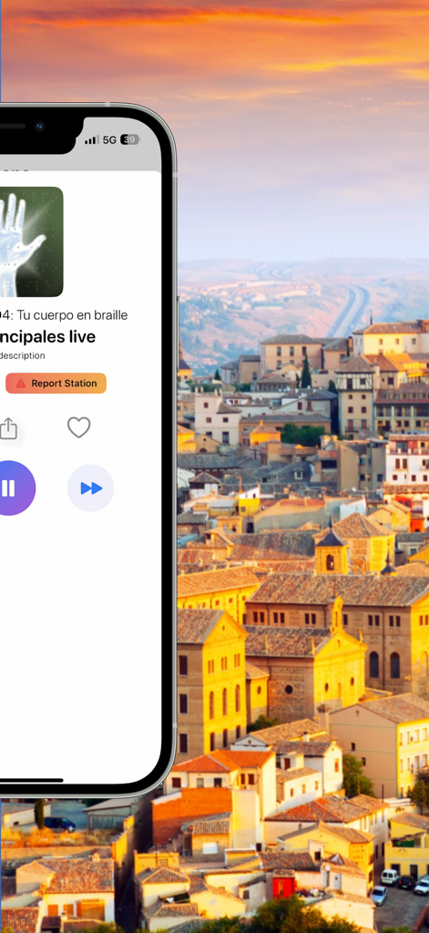 Radios Españolas en directo - Interfaz de la app Radios Espanolas mostrando una estación de radio en directo sobre un fondo de una ciudad de España