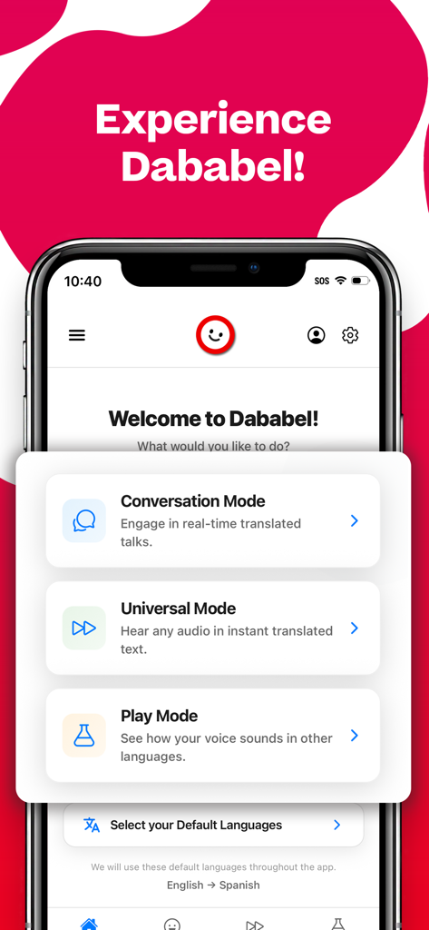 Dababel - Dababel mobile app home screen showing translation modes including Conversation and Universal Mode.