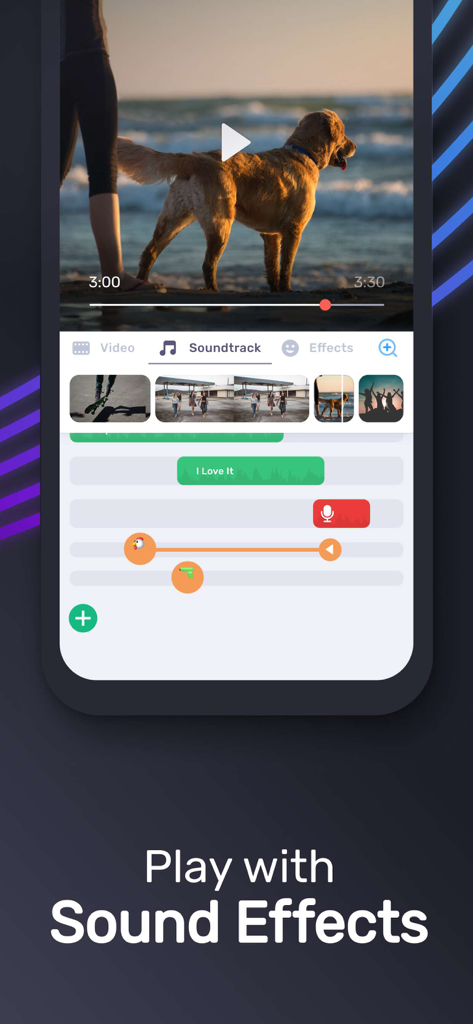 Mobile video editing interface showing soundtracks and sound effects