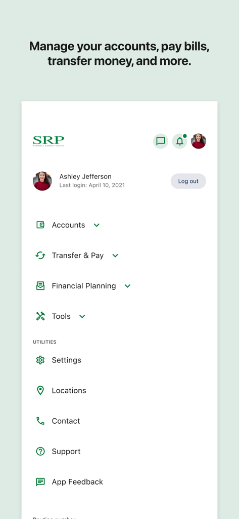 A mobile app screen for SRP Federal Credit Union showing a user dashboard with options for accounts, transfers, financial planning, and support tools.