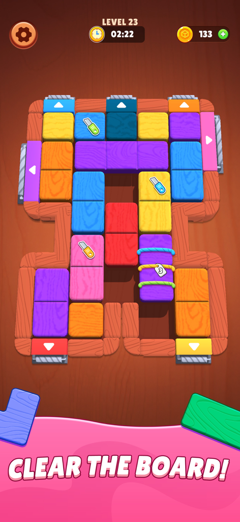 Screw Block Escape - A wooden block puzzle board with colorful sliding pieces in Screw Block Escape