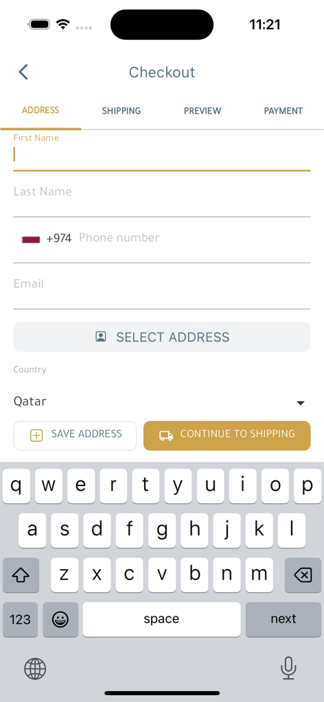 Checkout screen for the rellato app showing the address entry form.